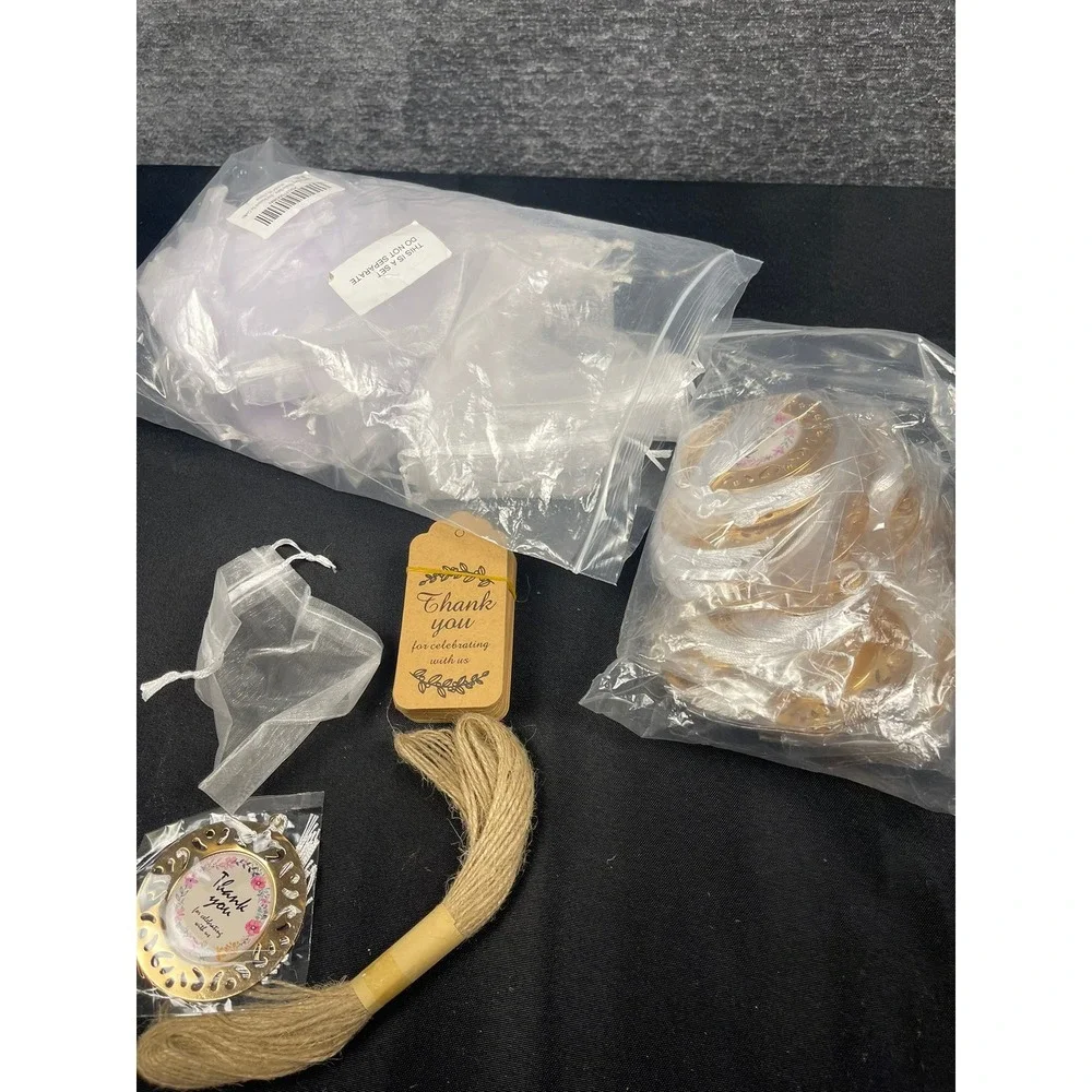 50PCS Baby Shower Souvenir Set Gold Thank You Medallions Organza‎ Bags Jute Tags